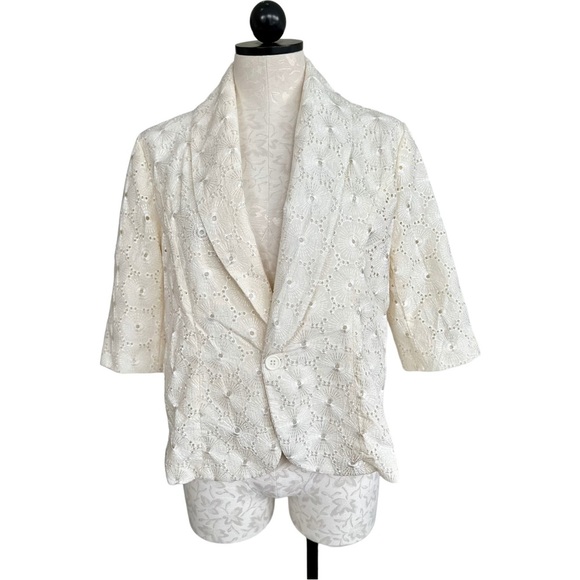 Tulle Ivory Eyelet One Button  Blazer Jacket  1/2 Sleeves Cotton Size XL - Picture 10 of 10